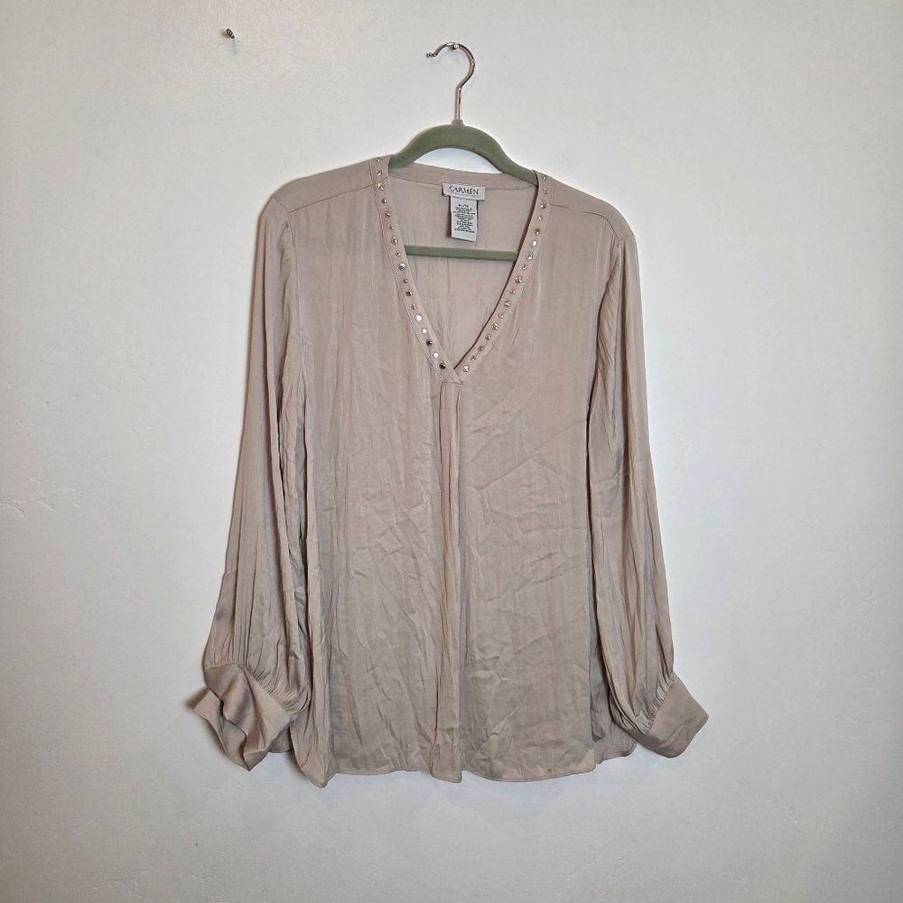 Carmen Marc Valvo Taupe Satin Peasant Blouse Top Slinky Formal Y2K Rhinestone XL - Picture 1 of 7
